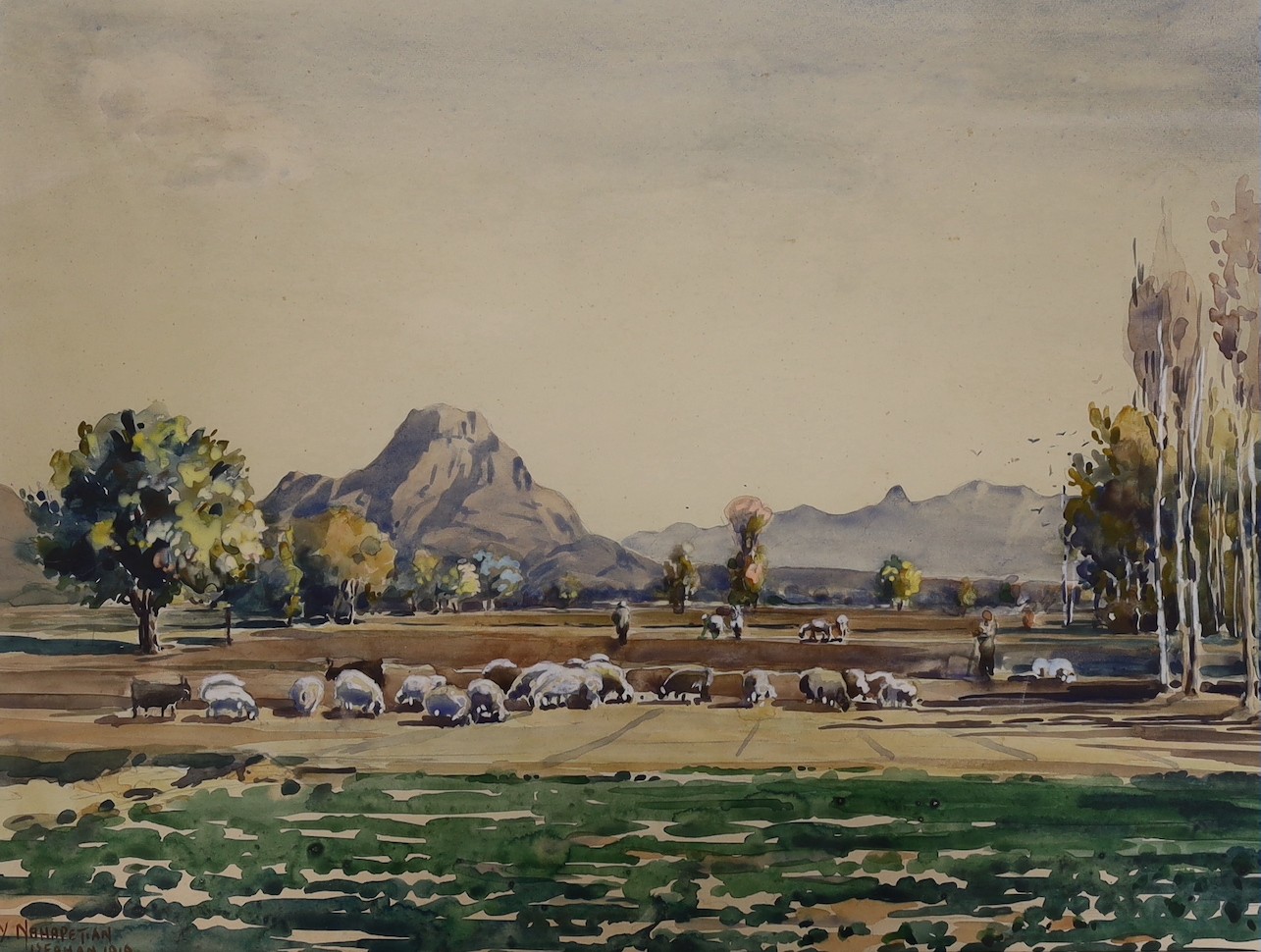 Yervand Nahabedian (1913-2006), watercolour, Shepherd and flock in a landscape, signed and dated 